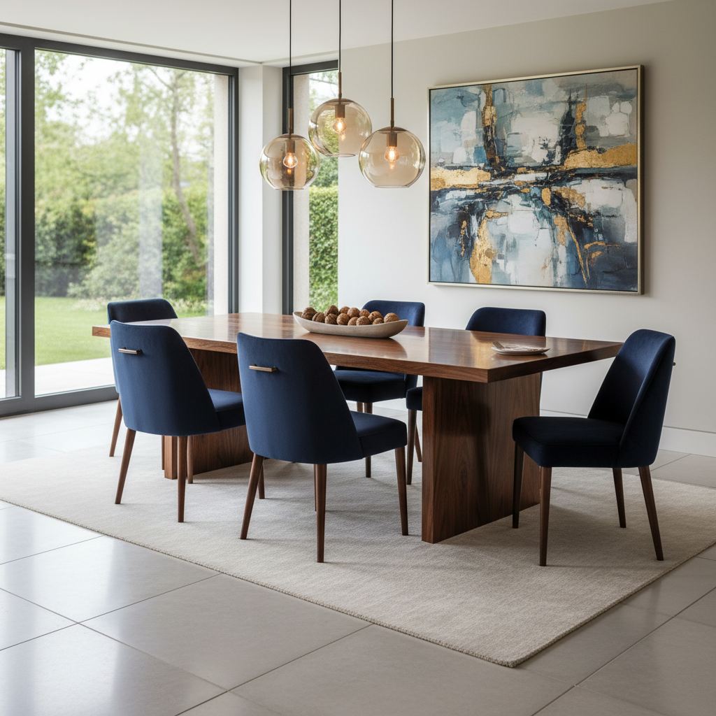 고급스러운 호두나무 식탁과 짙은 네이비 색상의 벨벳 의자 6개가 조화를 이루는 다이닝룸으로, 은은한 펜던트 조명이 따뜻한 분위기를 연출하는 모습.