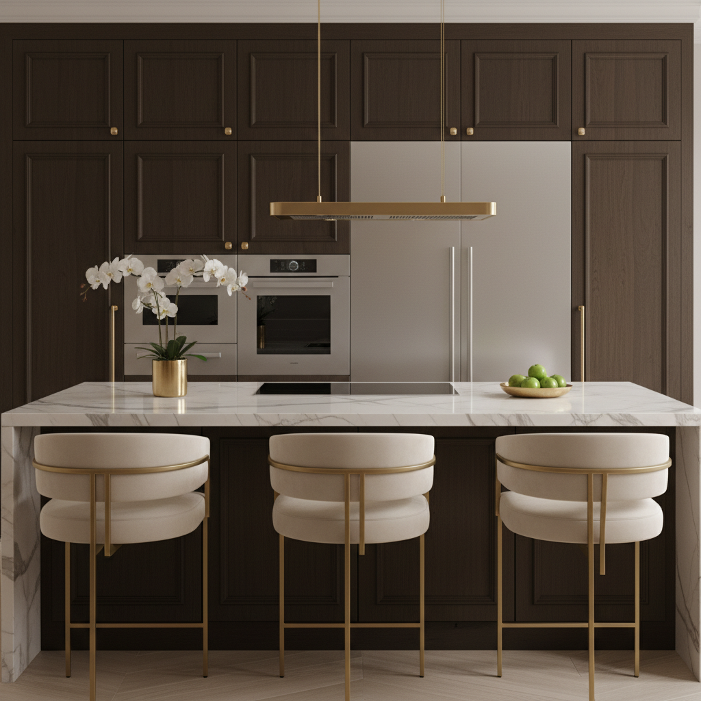 화이트 마블 상판이 돋보이는 주방 아일랜드 식탁과 골드 포인트가 들어간 우아한 바 체어, 배경에 보이는 고품격 빌트인 수납장과 가전제품.